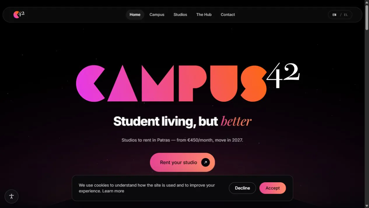 Campus42 student housing website in Patras, Greece