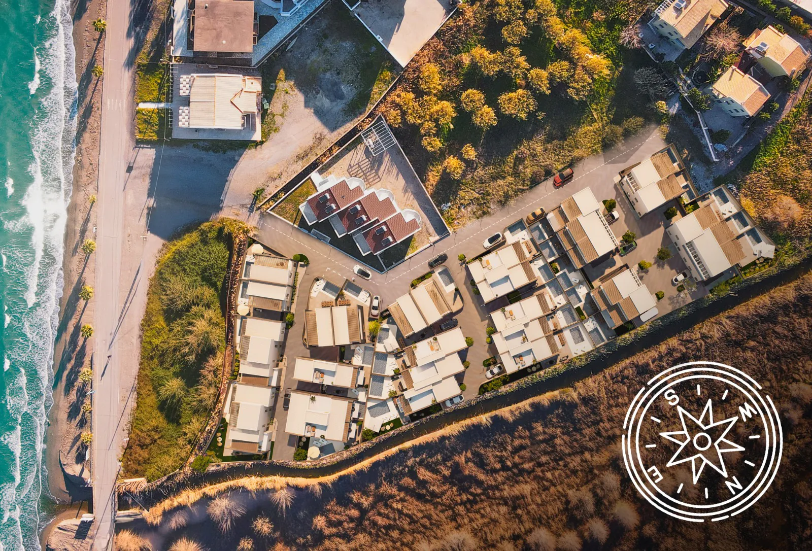 Aerial view of Sea’cret Residences on the Greek coast